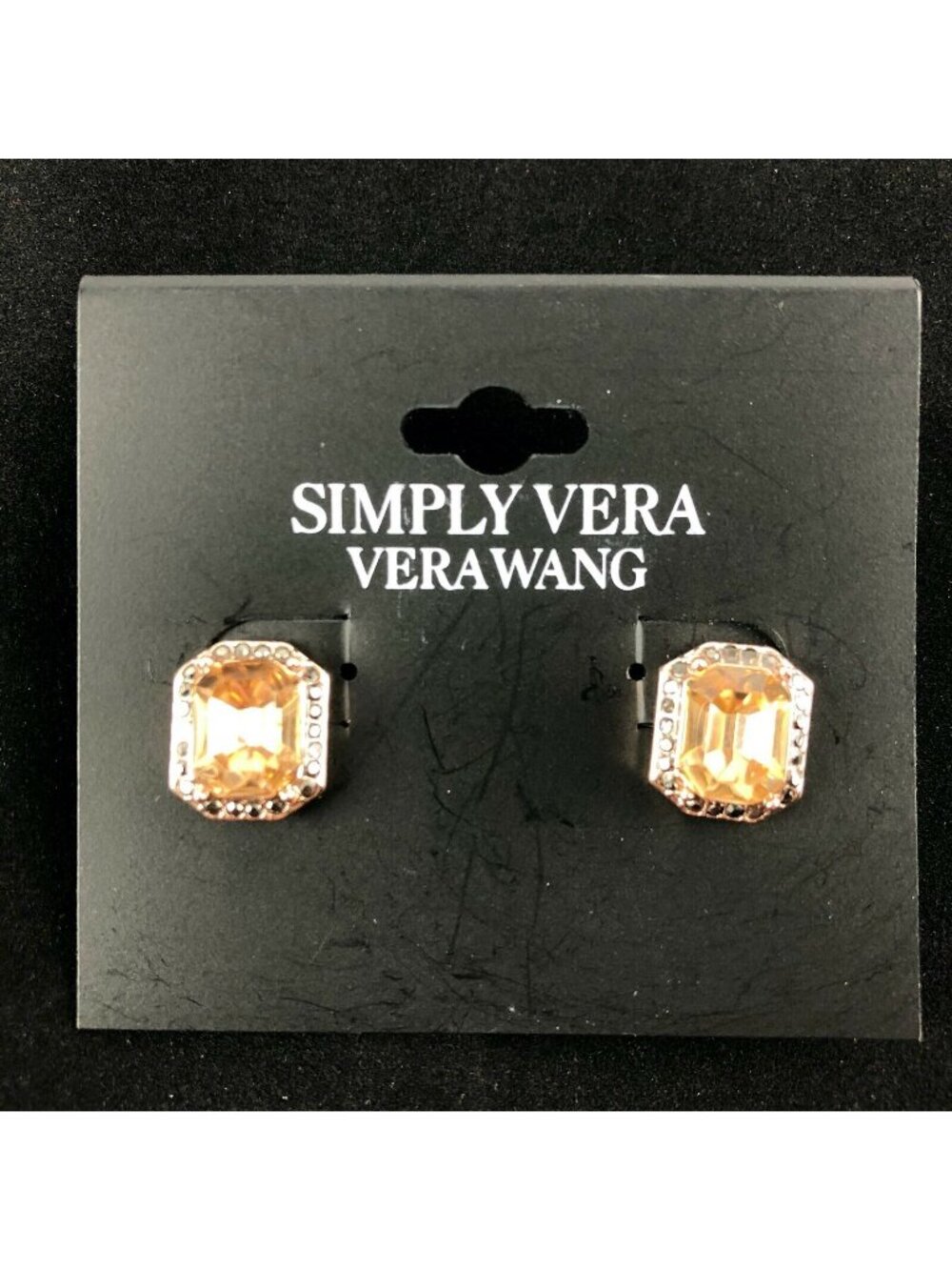 Vera Wang Earrings Copper-tone Pinkish Orange Rhinestone 1/2" Rectangular Studs